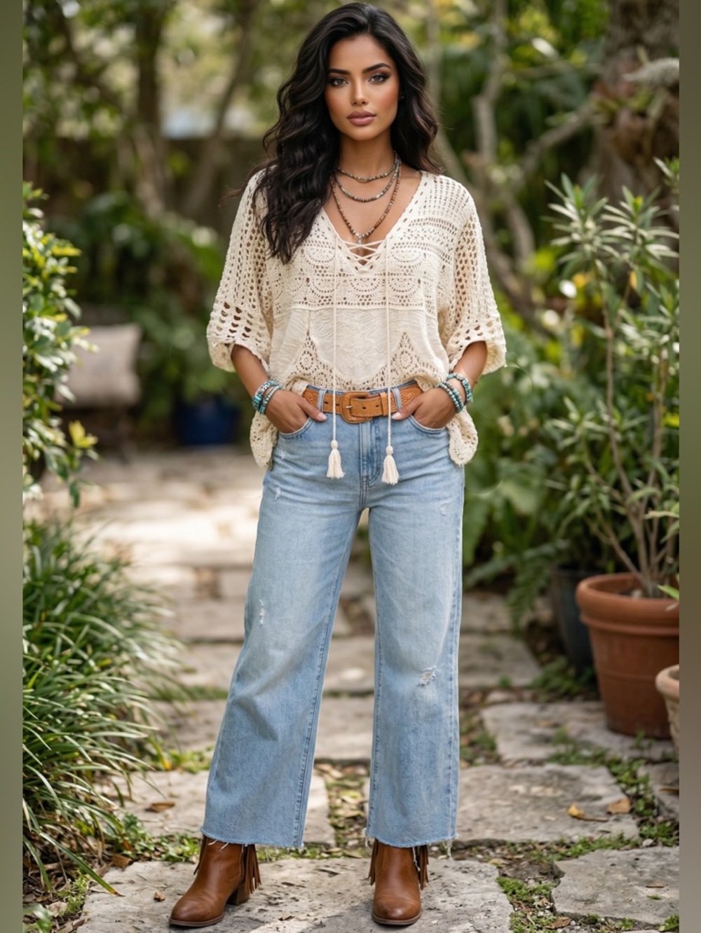 🌟B578. Boho Crochet Lace Up Tassel Top in Cream